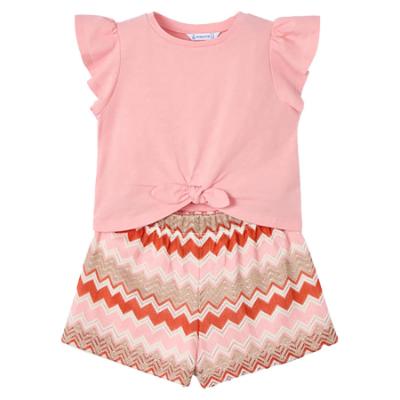 Picture of Mayoral Girls Summer Ruffle Crop Top & Zig Zag Shorts Set X 2 - Salmon Pink