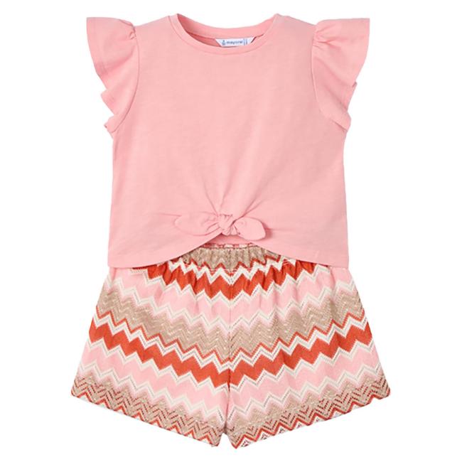 Picture of Mayoral Girls Summer Ruffle Crop Top & Zig Zag Shorts Set X 2 - Salmon Pink