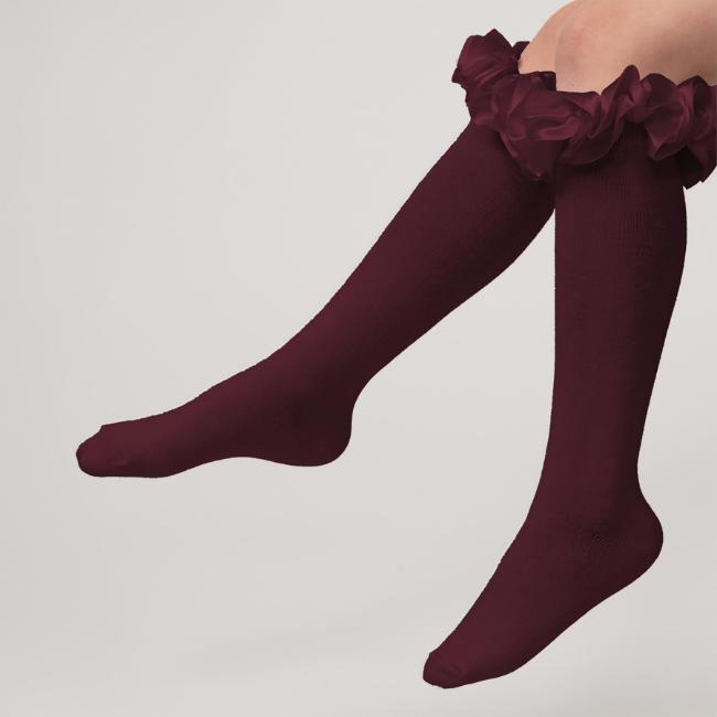 Picture of PRE ORDER Caramelo Kids Girls Ruffle Ribbon Knee High Socks - Maroon Burgundy