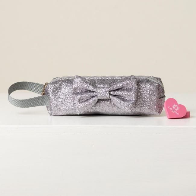 Picture of PRE ORDER Caramelo Kids Glitter Pencil Case With Padded Bow - Grey Glitter
