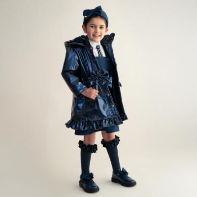 Picture of PRE ORDER Caramelo Kids Girls Hooded Rain Mac With Bows & Frill - Navy