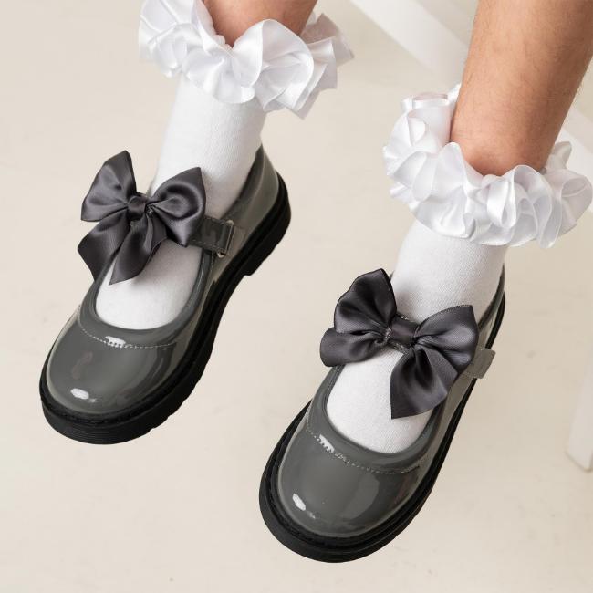Picture of PRE ORDER Caramelo Kids Girls Satin Bow Mary Jane School Shoes - Grey
