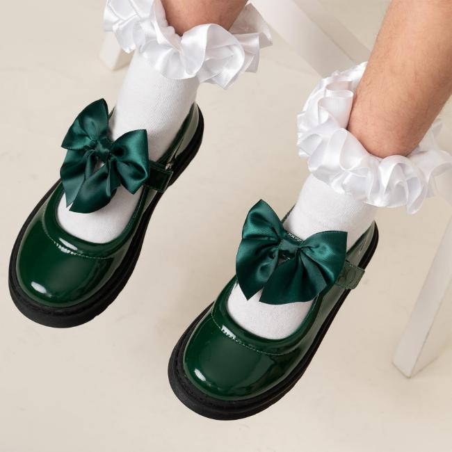 Picture of PRE ORDER Caramelo Kids Girls Satin Bow Mary Jane School Shoes - Bottle Green