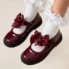Picture of Caramelo Kids Girls Satin Bow Mary Jane School Shoes - Maroon Burgundy