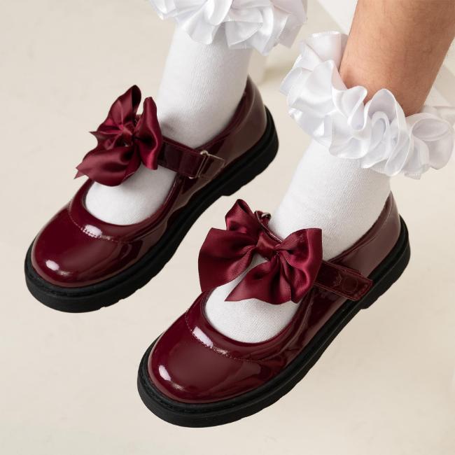 Picture of Caramelo Kids Girls Satin Bow Mary Jane School Shoes - Maroon Burgundy