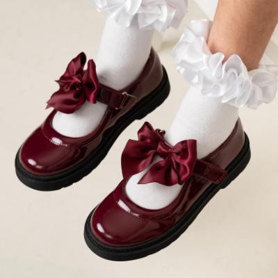 Picture of PRE ORDER Caramelo Kids Girls Satin Bow Mary Jane School Shoes - Maroon Burgundy