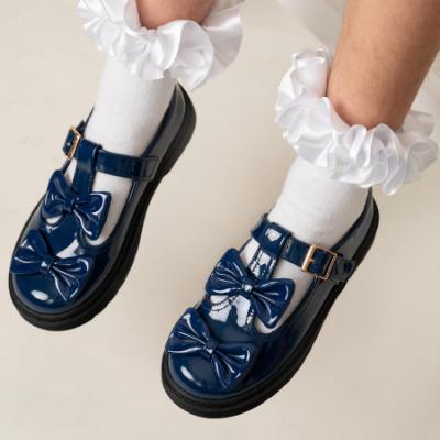 Picture of PRE ORDER Caramelo Kids Girls Easy On Double Bow T Bar School Shoes - Navy