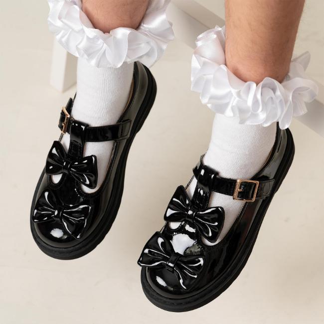 Picture of Caramelo Kids Girls Easy On Double Bow T Bar School Shoes - Black