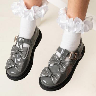 Picture of PRE ORDER Caramelo Kids Girls Easy On Double Bow T Bar School Shoes - Grey