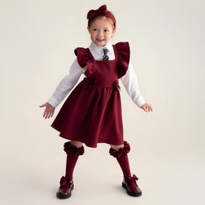 Picture of PRE ORDER Caramelo Kids Girls Frill School Pinafore With Bows - Maroon Burgundy