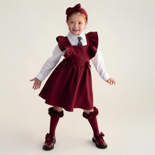 Picture of PRE ORDER Caramelo Kids Girls Frill School Pinafore With Bows - Maroon Burgundy