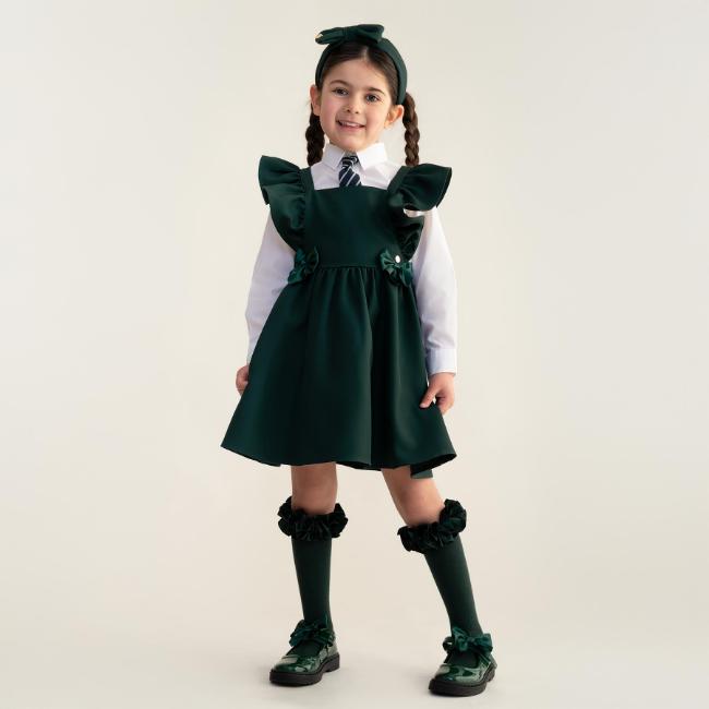Picture of PRE ORDER Caramelo Kids Girls Frill School Pinafore With Bows - Bottle Green