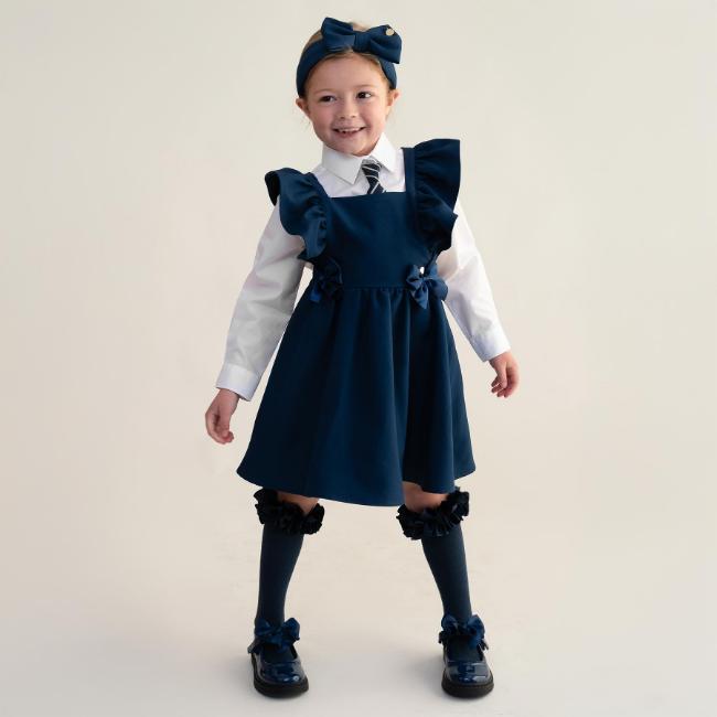 Picture of PRE ORDER Caramelo Kids Girls Frill School Pinafore With Bows - Navy
