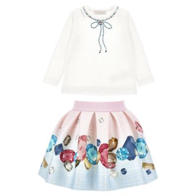 Picture of PRE ORDER Monnalisa Girls Jewel Top & Jewel Skirt Set X 2 - Ivory Blue