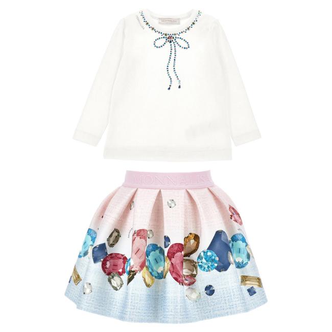 Picture of PRE ORDER Monnalisa Girls Jewel Top & Jewel Skirt Set X 2 - Ivory Blue