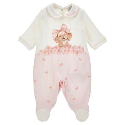 Picture of Monnalisa Bebe Girls Roses & Puppy Bow Babygrow - Ivory Pink