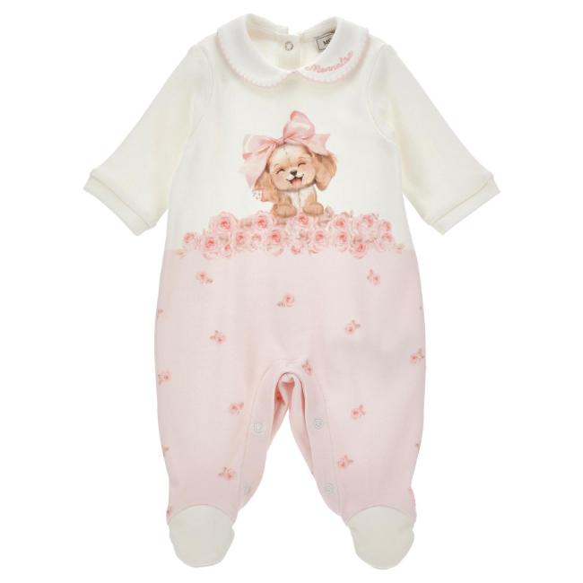 Picture of Monnalisa Bebe Girls Roses & Puppy Bow Babygrow - Ivory Pink