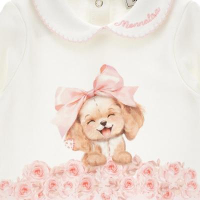 Picture of Monnalisa Bebe Girls Roses & Puppy Bow Babygrow - Ivory Pink