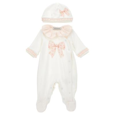 Picture of Monnalisa Bebe Girls Rose Bows Ruffle Babygrow With Hat Set - Pink