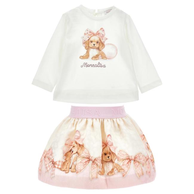 Picture of PRE ORDER Monnalisa Bebe Girls Puppy Skirt & Top Set - Ivory Pink