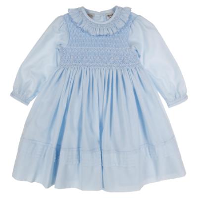 Picture of Sarah Louise Girls Smocked Bodice Long Sleeve Dress - Pale Blue