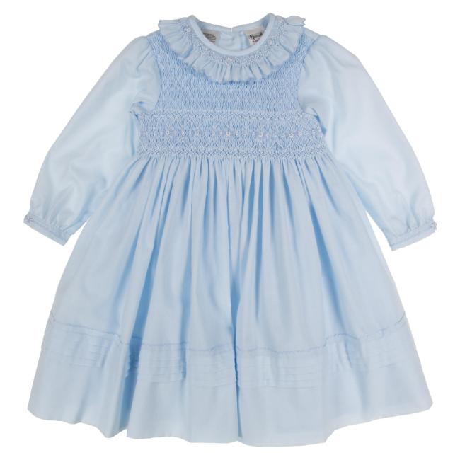 Picture of Sarah Louise Girls Smocked Bodice Long Sleeve Dress - Pale Blue