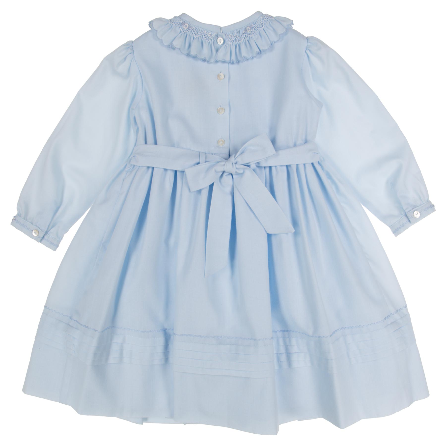 Sarah Louise Girls Smocked Bodice Long Sleeve Dress - Pale Blue.