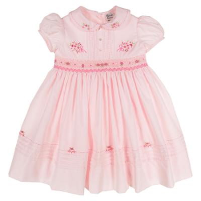 Picture of Sarah Louise Girls Smocked Bodice Puff Sleeve Dress - Pale Pink Fuschia