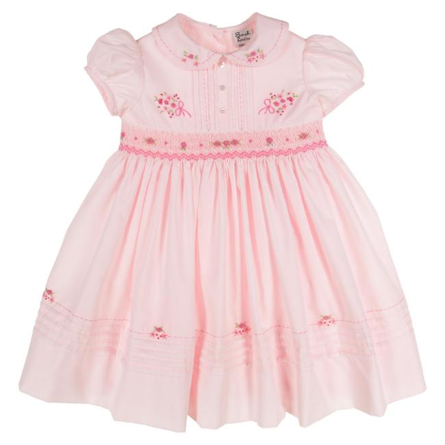 Picture of Sarah Louise Girls Smocked Bodice Puff Sleeve Dress - Pale Pink Fuschia