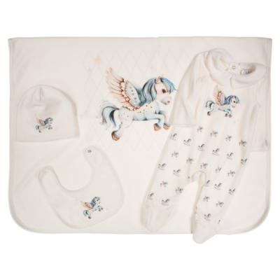 Picture of Jamiks Kids Baby Boys Cruz Flying Pony Babygrow Hat Swaddle Bib Velour Set X 4 - Ivory Pale Blue