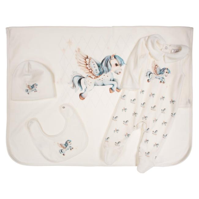 Picture of Jamiks Kids Baby Boys Cruz Flying Pony Babygrow Hat Swaddle Bib Velour Set X 4 - Ivory Pale Blue