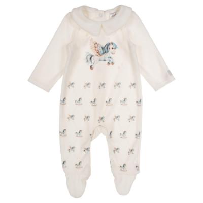 Picture of Jamiks Kids Baby Boys Cruz Flying Pony Babygrow Hat Swaddle Bib Velour Set X 4 - Ivory Pale Blue