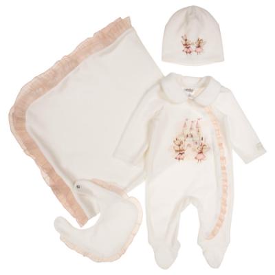 Picture of Jamiks Kids Baby Girls Jolene Castle Babygrow Hat Swaddle Bib Velour Set X 4 - Ivory Pink