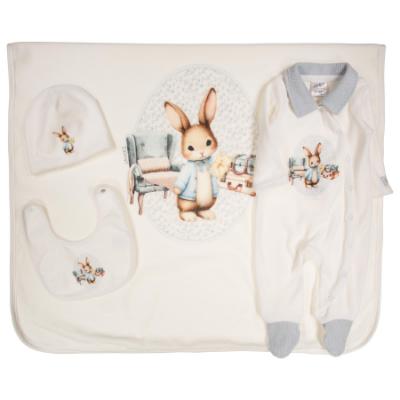 Picture of Jamiks Kids Baby Boys Damaso Bunny Babygrow Hat Swaddle Bib Velour Set X 4 - Ivory Pale Blue