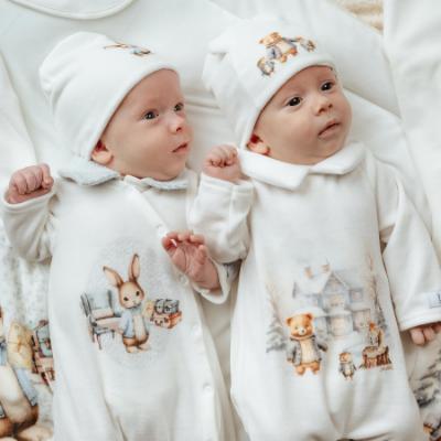 Picture of Jamiks Kids Baby Boys Damaso Bunny Babygrow Hat Swaddle Bib Velour Set X 4 - Ivory Pale Blue