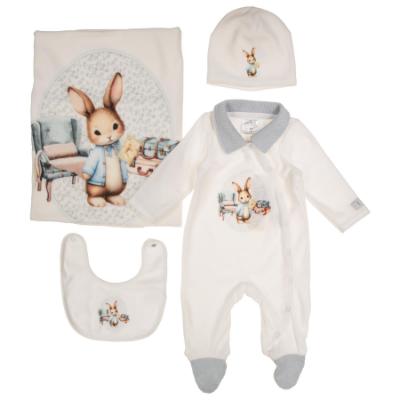 Picture of Jamiks Kids Baby Boys Damaso Bunny Babygrow Hat Swaddle Bib Velour Set X 4 - Ivory Pale Blue