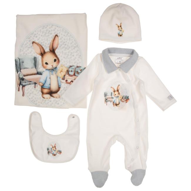 Picture of Jamiks Kids Baby Boys Damaso Bunny Babygrow Hat Swaddle Bib Velour Set X 4 - Ivory Pale Blue