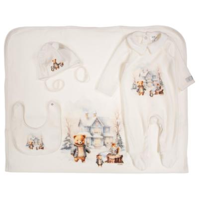 Picture of Jamiks Kids Baby Boys Homero Teddy Babygrow Hat Swaddle Bib Velour Set X 4 - Ivory Pale Blue