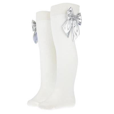 Picture of PRE ORDER Daga Girls  Blue Mirage Knee Socks With Silver Bow - Ivory Silver