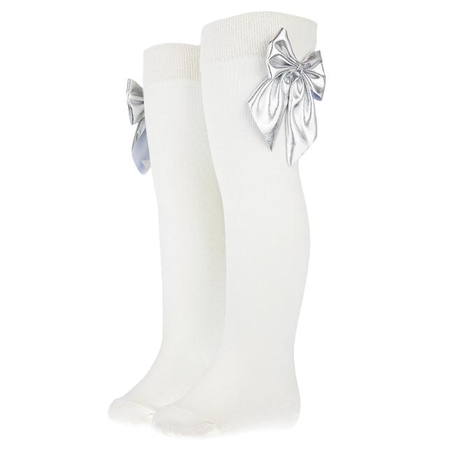 Picture of PRE ORDER Daga Girls  Blue Mirage Knee Socks With Silver Bow - Ivory Silver