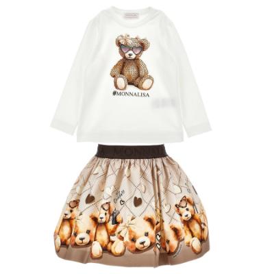 Picture of PRE ORDER Monnalisa Girls  Diamante Teddy Top &  Skirt Set X 2 - Ivory Beige