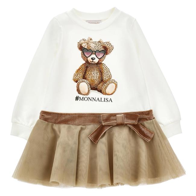 Picture of PRE ORDER Monnalisa Girls  Diamante Teddy Tulle Dress - Ivory Beige