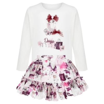 Picture of PRE ORDER Daga Girls Fashion Street Applique Top & Skirt Set X 2 - Ivory Burgundy