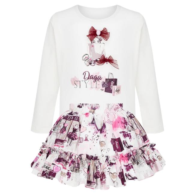 Picture of PRE ORDER Daga Girls Fashion Street Applique Top & Skirt Set X 2 - Ivory Burgundy