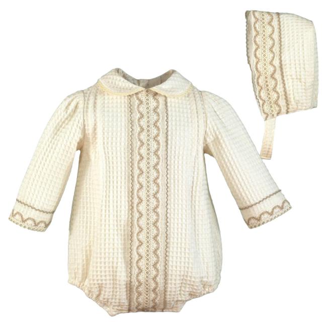 Picture of Miranda Baby Boys Romper & Bonnet Set X 2 - Ivory Beige