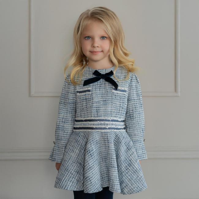 Picture of PRE ORDER Miranda Girls Woven Dress With Velvet Bow - Blue Navy
