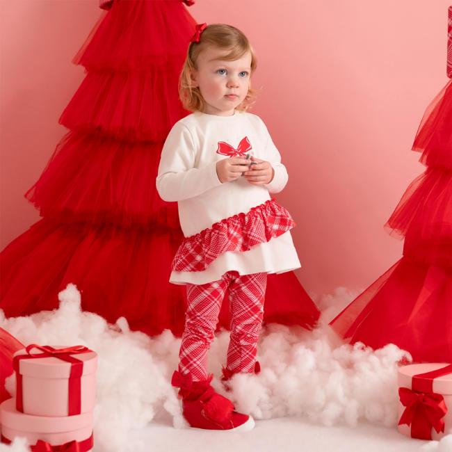 Picture of PRE ORDER Little A Baby Girls Little Bows Kiara Bow Check Legging Set - Snow White Red