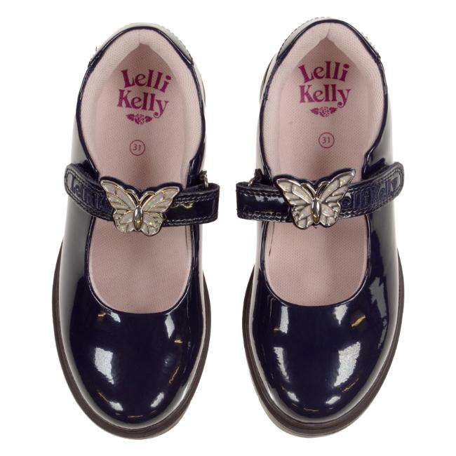 Picture of Lelli Kelly Delilah 3 With Detachable Butterfly School Shoe Chunky Sole - Navy Blue Patent