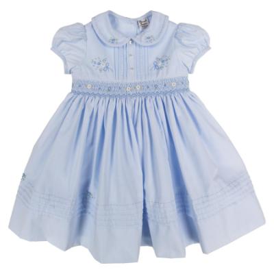 Picture of Sarah Louise Girls Smocked Bodice Puff Sleeve Dress - Pale Blue