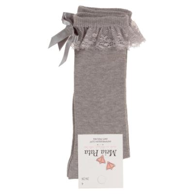 Picture of Meia Pata Knee Socks With Lace & Satin Bow - Grey